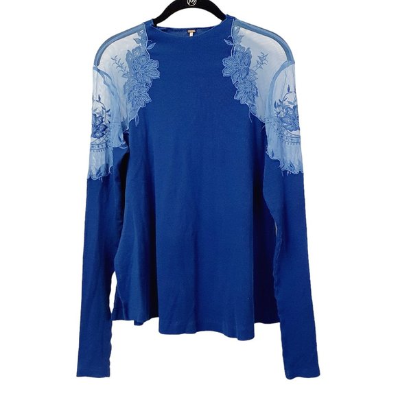 Free People Tops - Free People Blue Daniella Lace Shoulder Mesh Lace Floral Embroidered Small